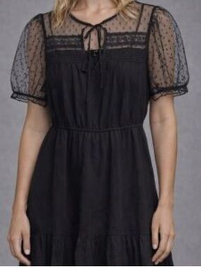 E & M Black swiss dot sheer Lace short belted dress size medium